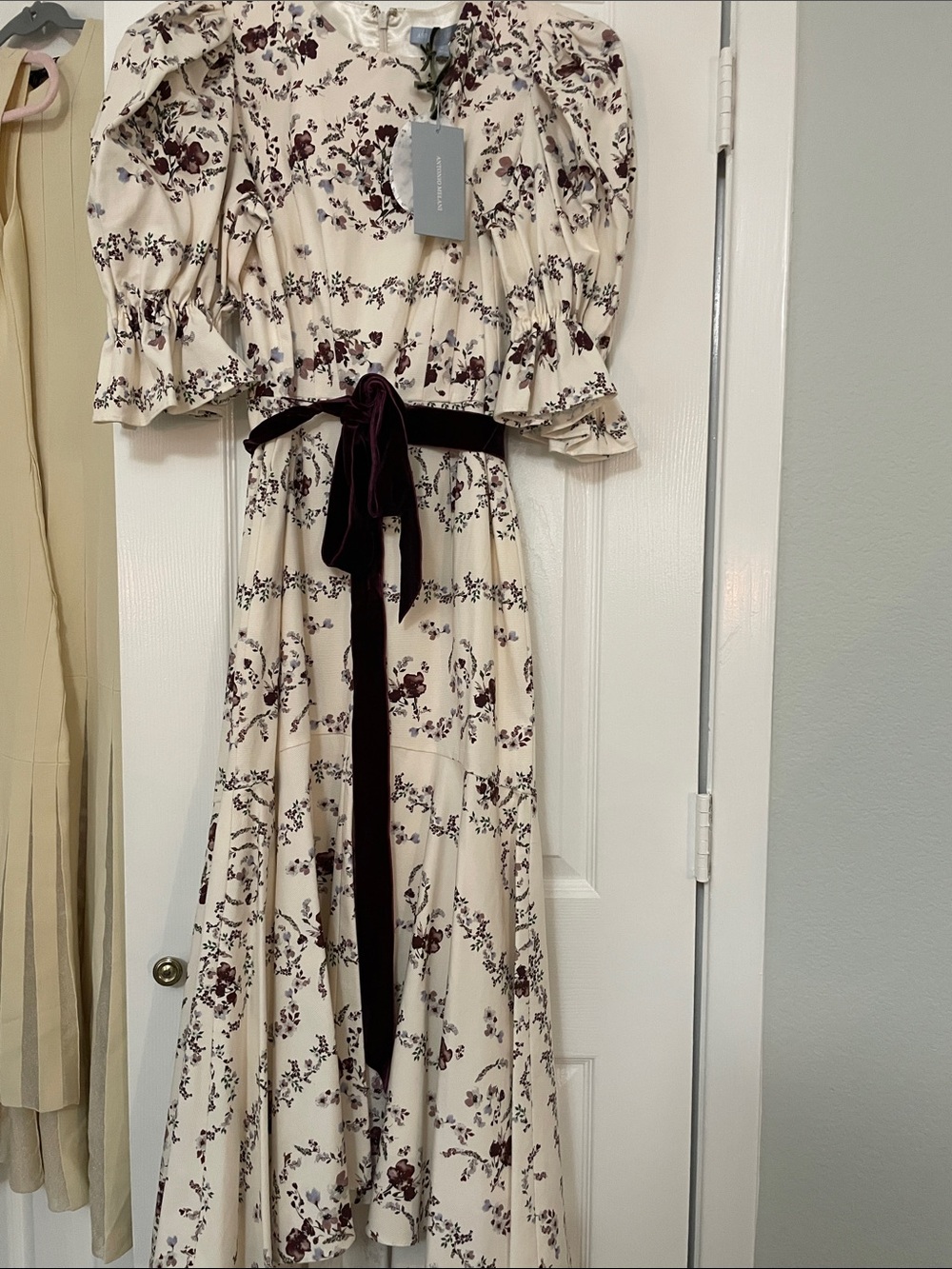 ANTONIO MELANI Cream Maxi Dress with Burgundy Floral Print & Velvet Belt